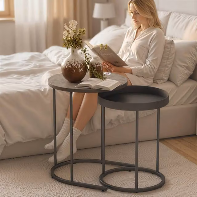 STILVORA Nesting Side Tables Set of 2 with Metal Frame in Grey and Black – 1