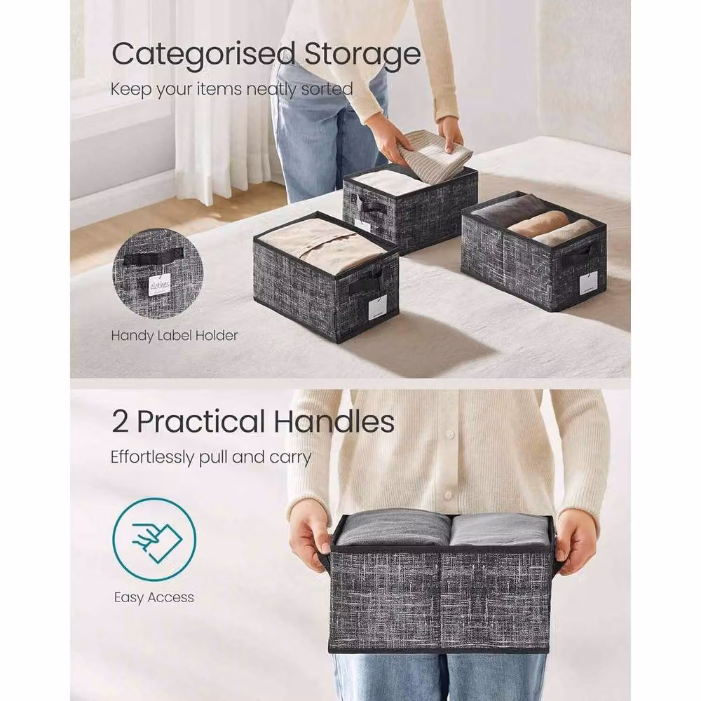 The Bazaarist Set of 3 Foldable Fabric Storage Baskets with Handles and Label Holders, Black – 4