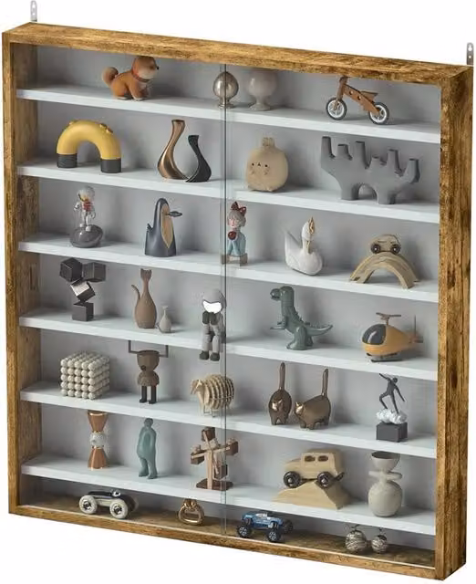 Nordara Rustic Brown Wall Mounted 7-Tier Display Cabinet with Glass Doors and Internal Shelves W/H: 100 x 100 cm