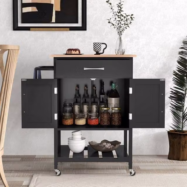 VOGREX Modern Wheeled Kitchen Island Cart with Drawer in Black and Rubberwood – 1