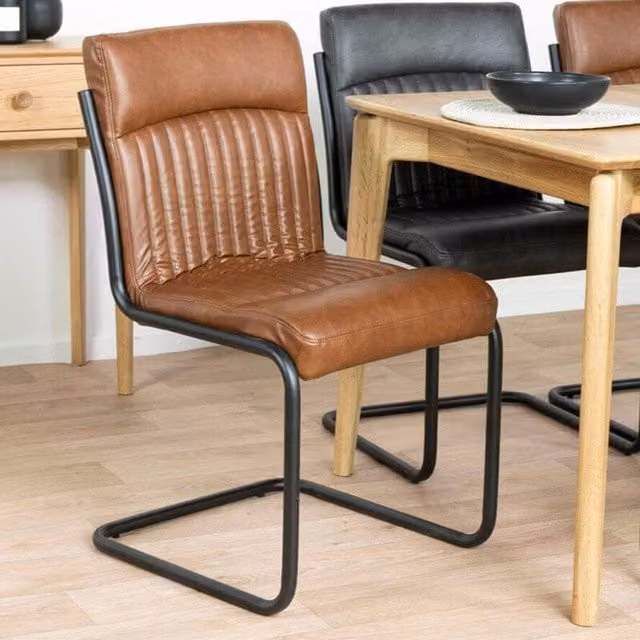 IH Design Set of 2 Modern Brown Leather Dining Chairs with Cantilever Metal Base – 1