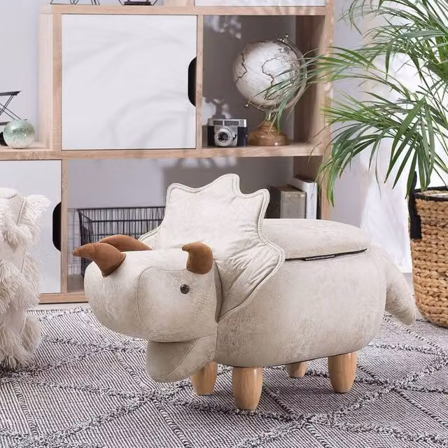 Wyld and Coco Triceratops Kids Storage Stool in Light Grey Synthetic Leather and Rubberwood, W/D/H: 42 x 56 x 92 cm – 1