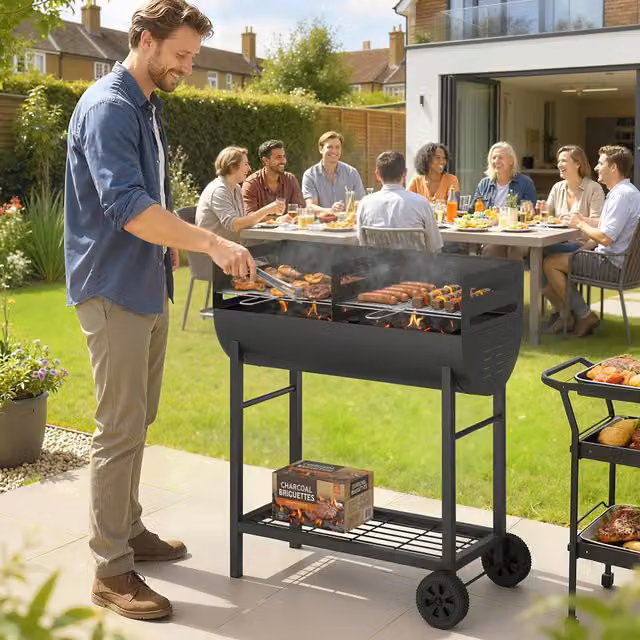 Outsunny Charcoal Barbecue Grill with 2 Cooking Areas and Wheels, Black