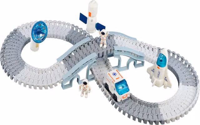 The Magic Toy Shop Space Track Set 20 Piece with Motorised Rover Astronauts and Rocket in Grey and White