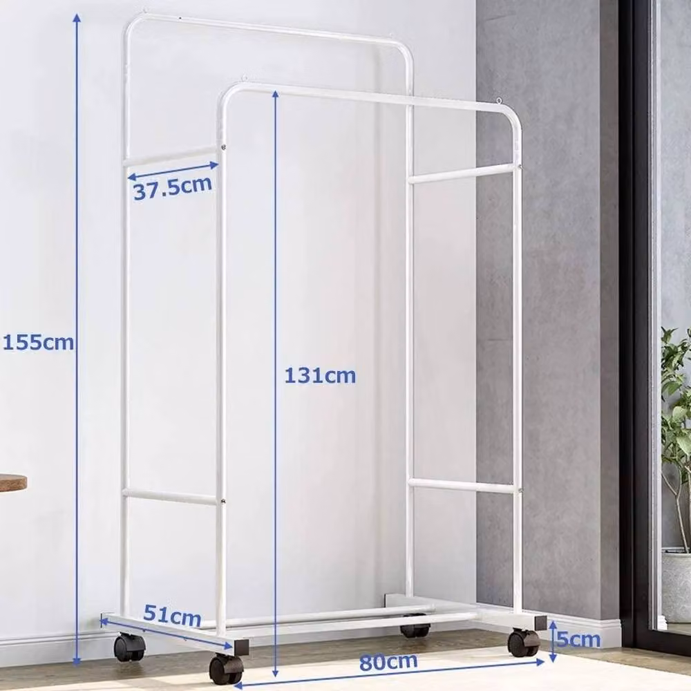 Havendro Heavy Duty Rolling Clothes Rack with 2 Top Rods and Lower Storage, White, W: 155 cm, D: 51 cm, H: 80.5 cm – 2