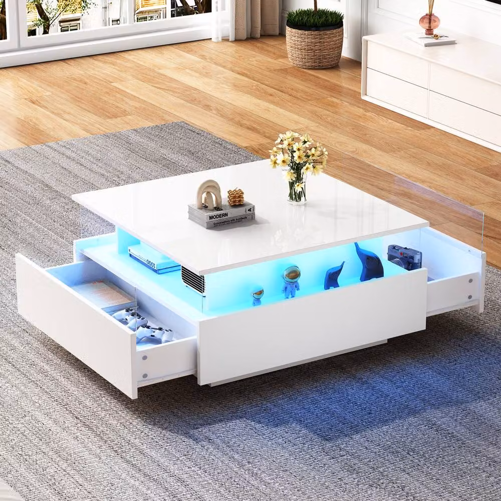 Merax Square High Gloss LED Coffee Table with Acrylic Display and 2 Drawers in White W/D/H: 70 x 41 x 50 cm – 4