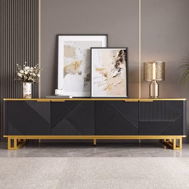 Rolipo Modern Black and Gold TV Stand with Geometric Doors and Cable Management, Width: 160 cm