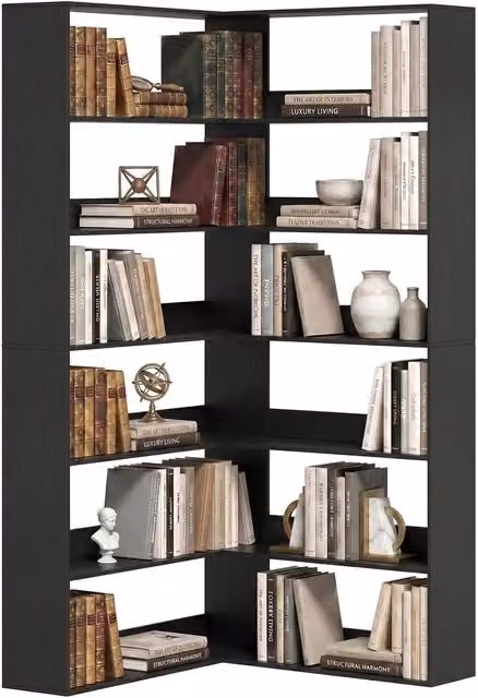 HOMCOM 7-Tier L-Shaped Corner Bookshelf in Black Wood Effect, W/D/H: 90 x 90 x 180 cm