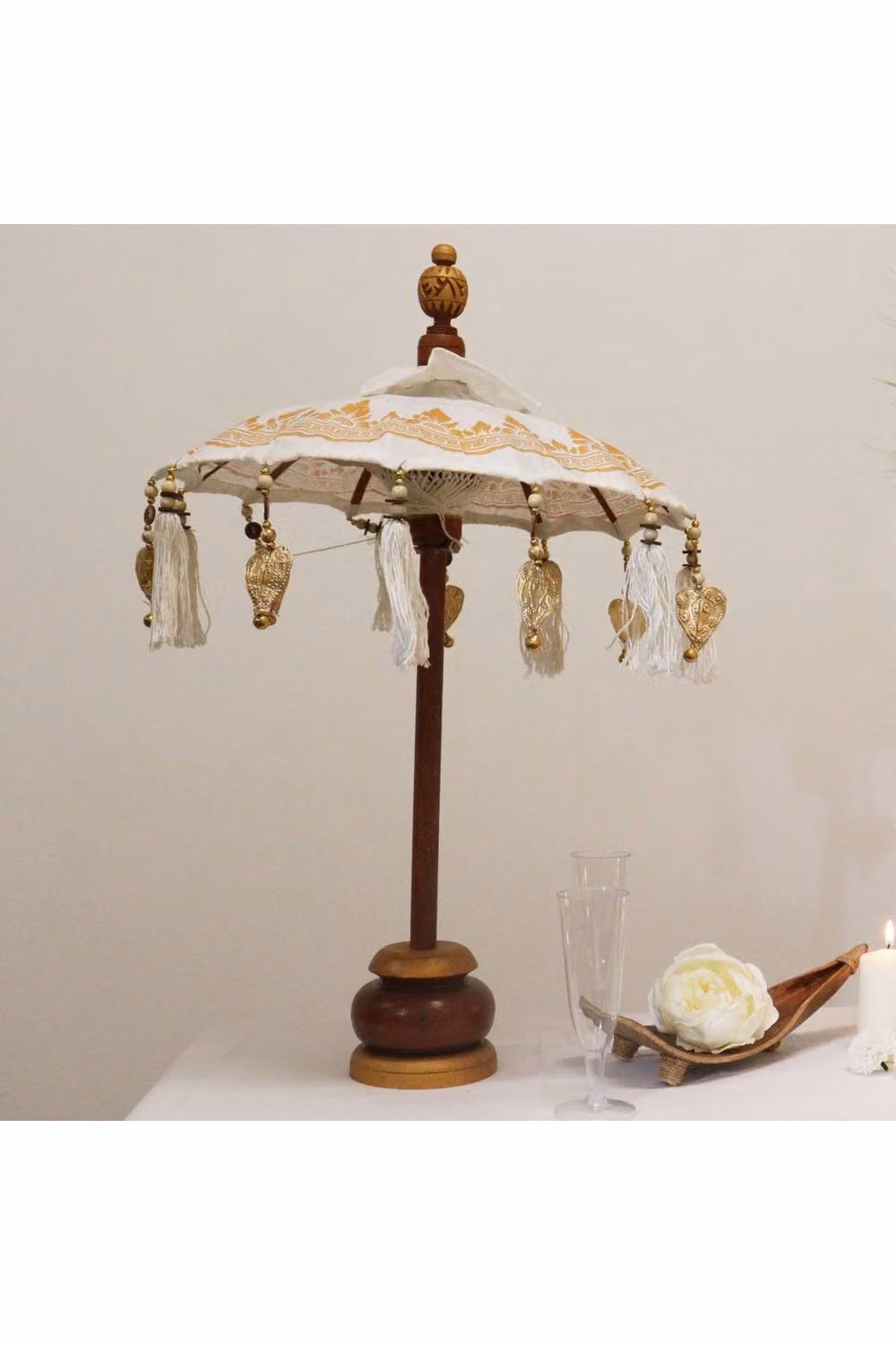 KDMD Bali Home Decor Parasol, Handcrafted White Textile with Gold Accents, Diameter: 40 cm – 2