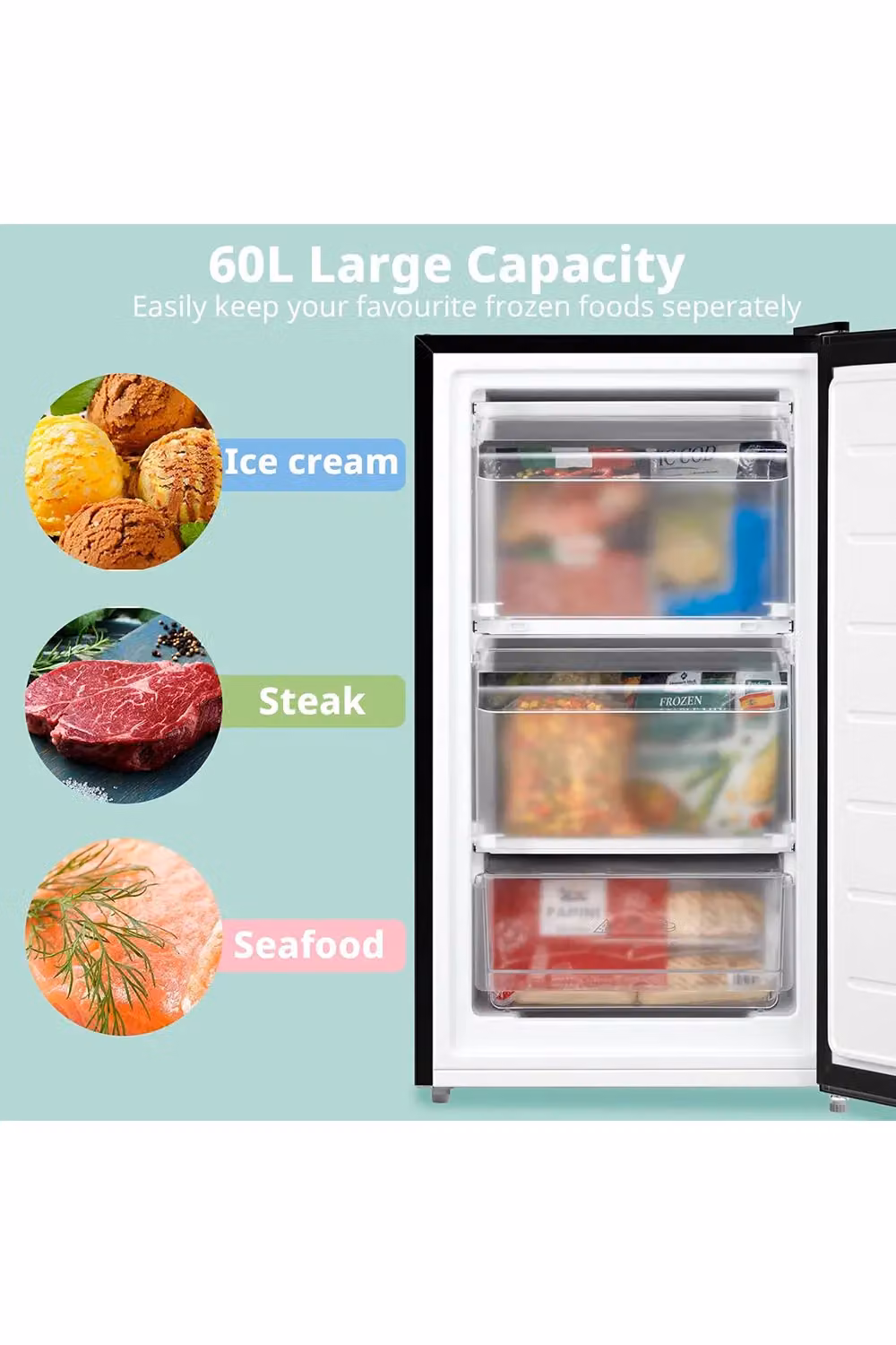 Living and Home 60 Litre Upright Under Counter Freezer in Black with Adjustable Thermostat and Reversible Door – 3