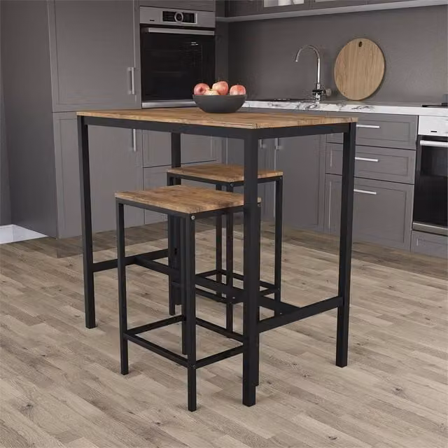 SPETLEK 3-Piece Industrial Kitchen Table and Barstool Set in Brown Wood and Metal – 1