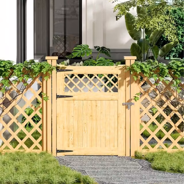 Breeins Wooden Garden Gate with Rhombus Design in Brown and Yellow, W: 90 cm, H: 120 cm