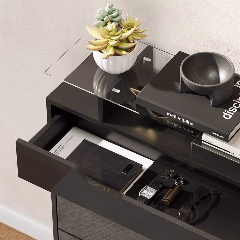 Nordara Modern Black Shoe Cabinet with High Gloss Front Panels and Glass Top, W: 120 cm, D: 60 cm, H: 60 cm – 6