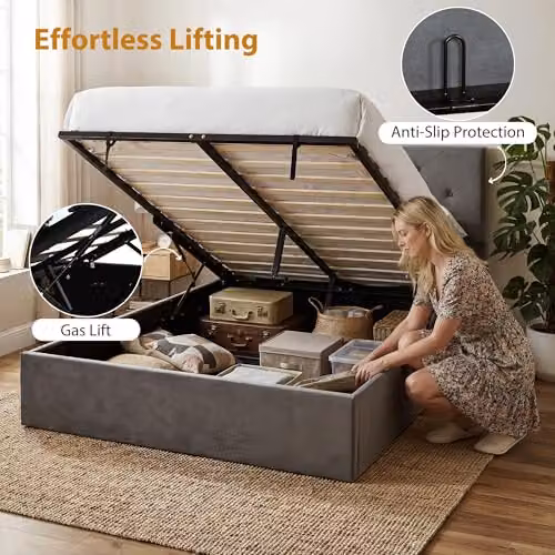 HOMCOM Modern Upholstered Double Bed Frame with Lift Up Base in Grey for 140 x 190 cm Mattress – 4