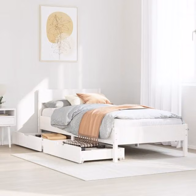 Berkfield Home White Solid Pine Bed Frame with Drawers W/D/H: 90 x 200 cm