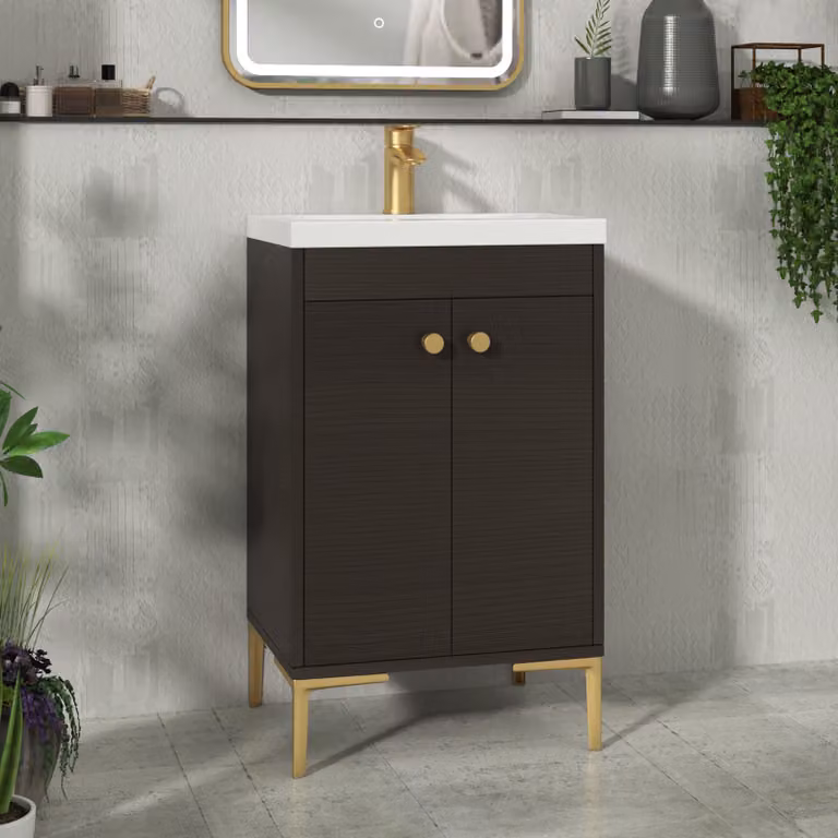 Royal Bathrooms Verona 2 Door Floor Standing Bathroom Vanity Unit in Walnut Woodgrain with Mid-Edge Basin and Brushed Brass Knob, Width: 50 cm