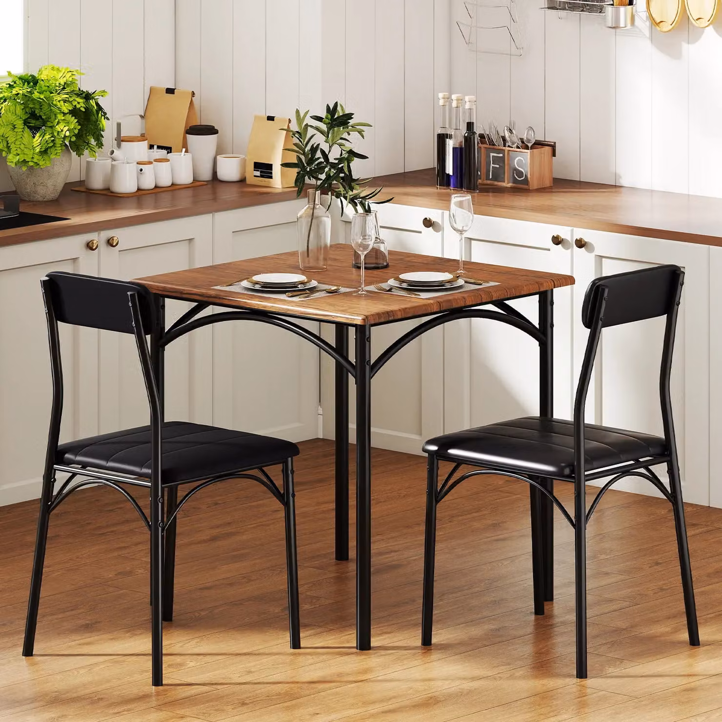 Gymax 3-Piece Dining Set Featuring a Square Table and 2 Upholstered Armless Chairs in Brown and Black – 4