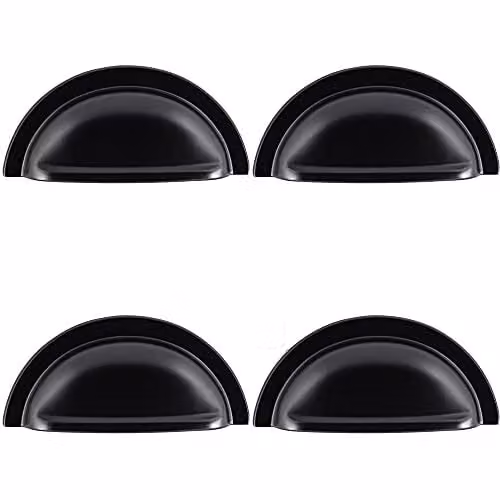 Loops Matt Black Shell Cabinet Cup Pull Handles, 4 Pack, Fixing Centres: 76 mm, W: 9.1 cm, H: 4.5 cm