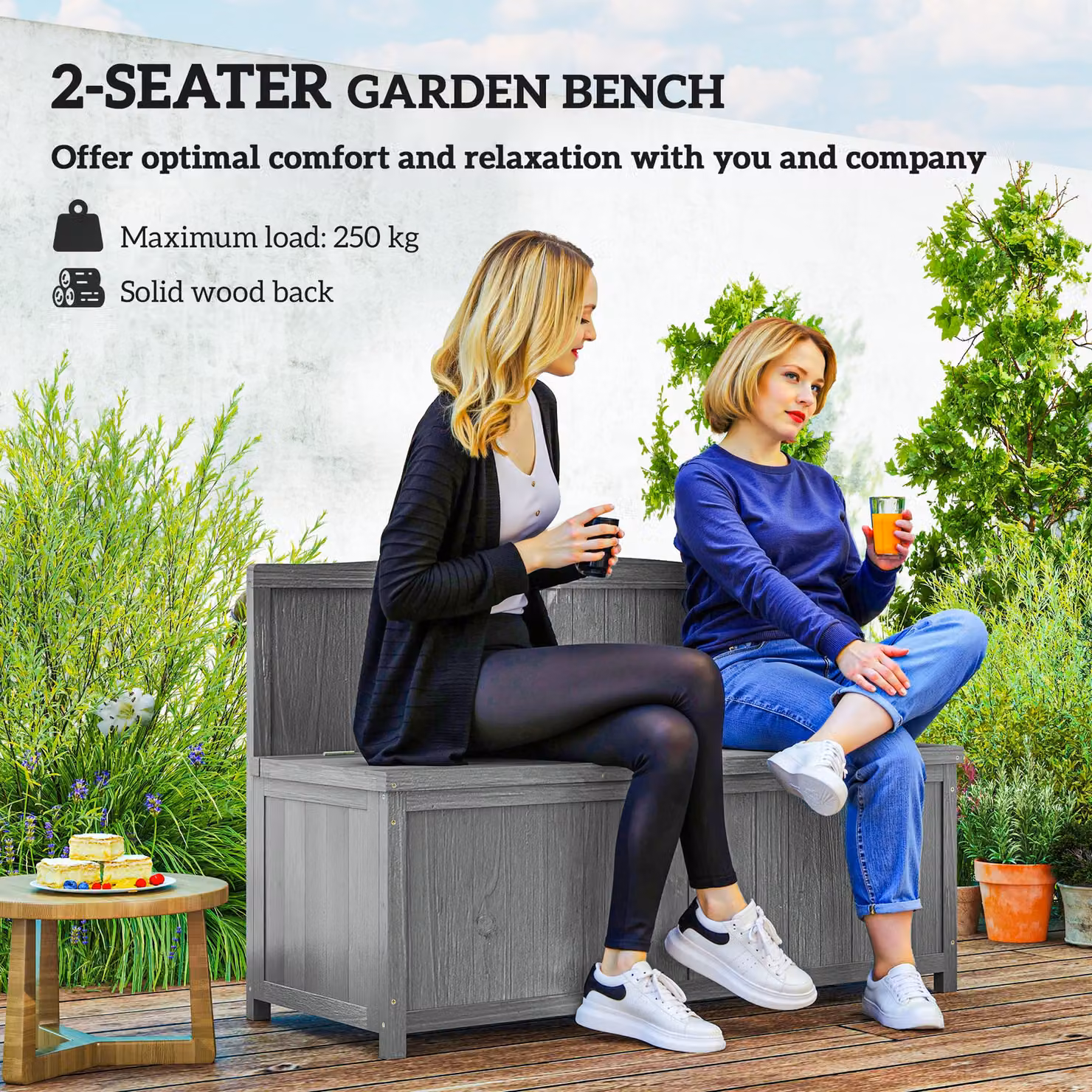 Outsunny Grey Treated Hardwood Wood Storage Bench for Garden and Patio Seating – 2