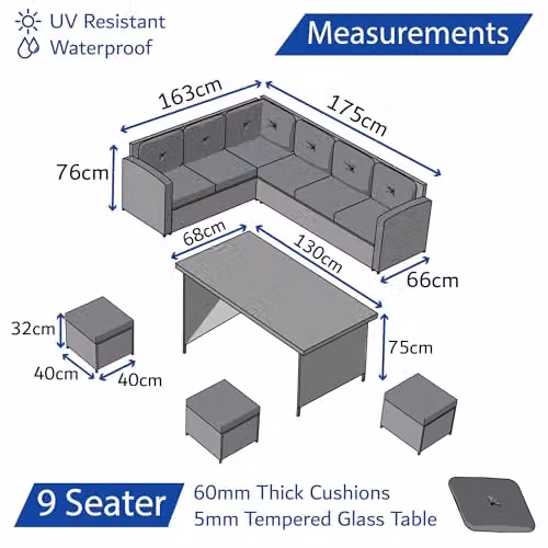 Home Treats 9 Seater Rattan Garden Furniture Set with L Shape Corner Sofa, Table and Stools in Grey – 2