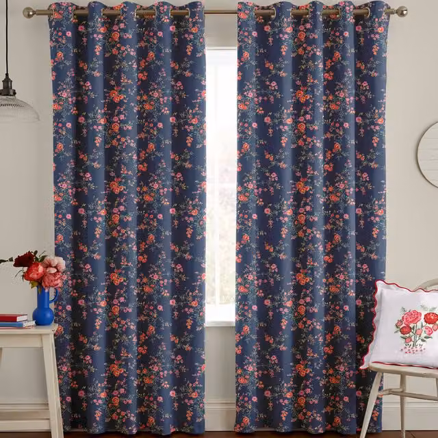 Cath Kidston Millfield Blossom Made to Measure Navy Blue Floral Blackout Cotton Eyelet Curtain Panel