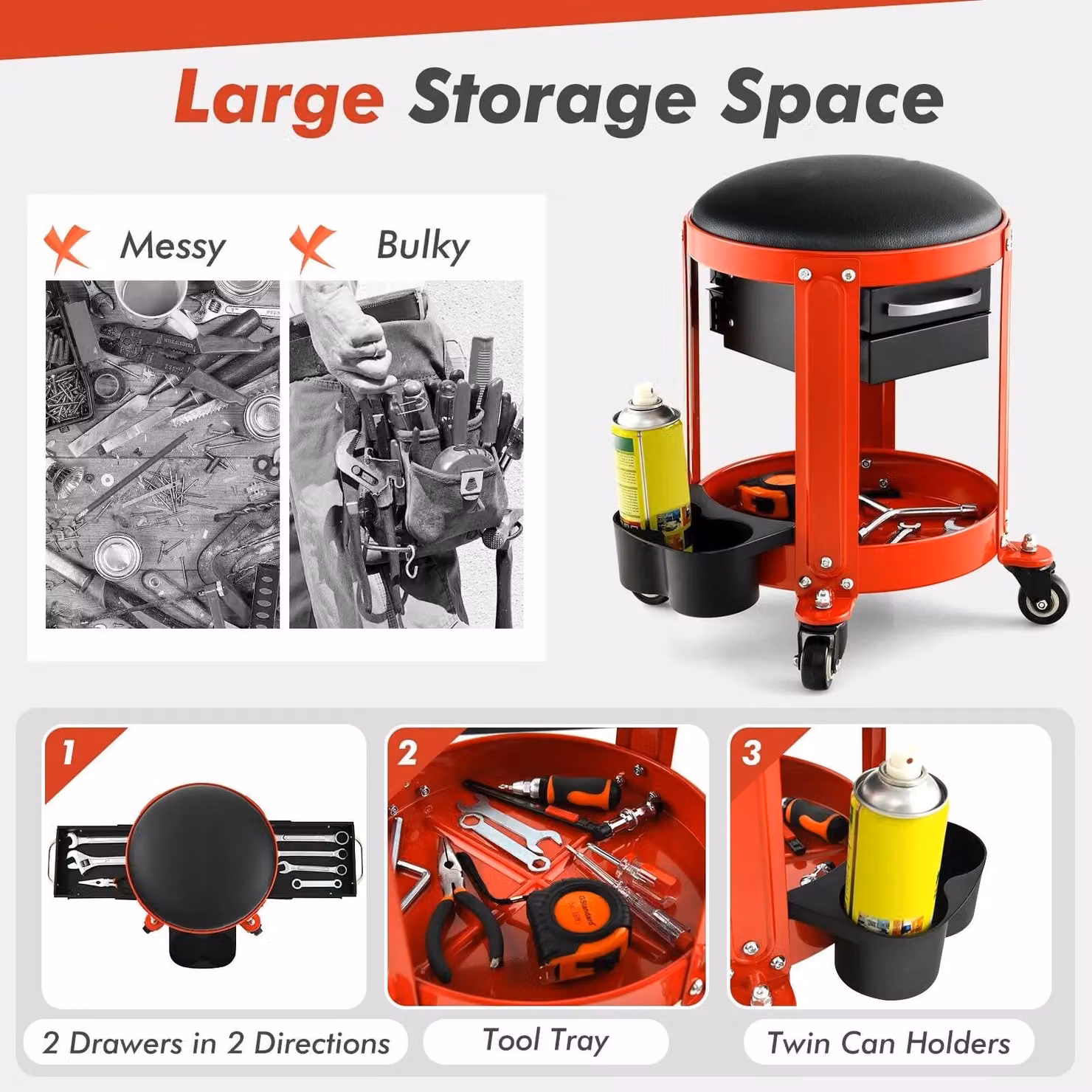 Costway Rolling Workshop Creeper Seat Mechanic Stool with Removable Padded Seat and 2 Drawers, Red/Multicolour, W/D/H: 44 x 40 x 30 cm – 3