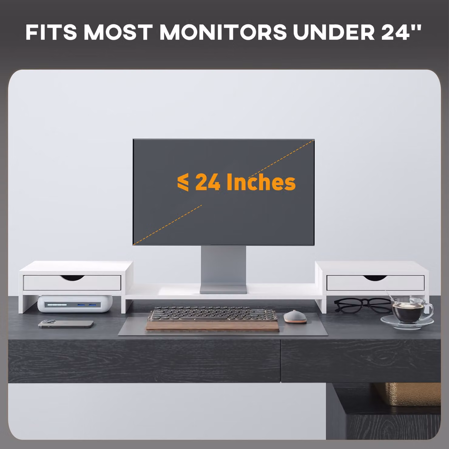 HOMCOM Dual Monitor Stand Riser with 2 Drawers, Adjustable Length and Angle, White – 7