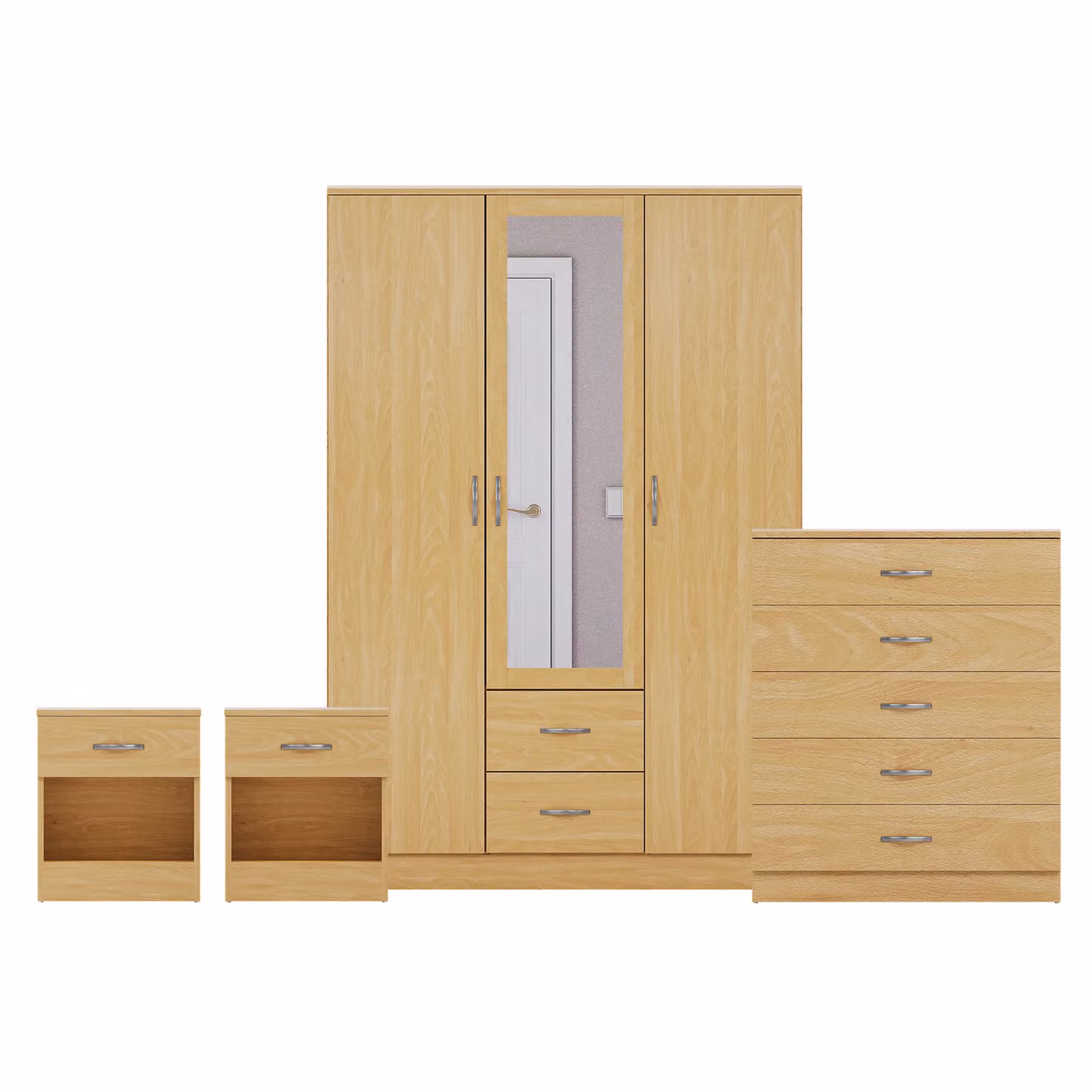Vida Designs 4 Piece Modern Brown Bedroom Set Including 2 Bedside Tables, 5 Drawer Chest and Mirrored Wardrobe – 2