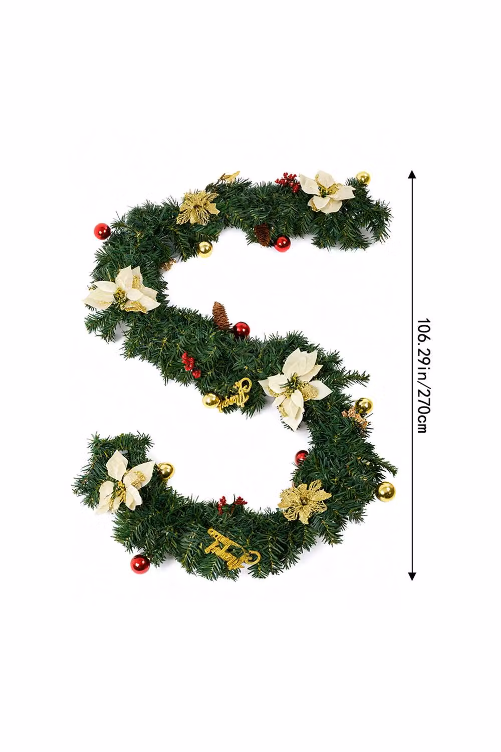 Living and Home 2.7m Christmas Garland with Poinsettia and Gold Merry Christmas Sign in Green, Red and Gold – 4