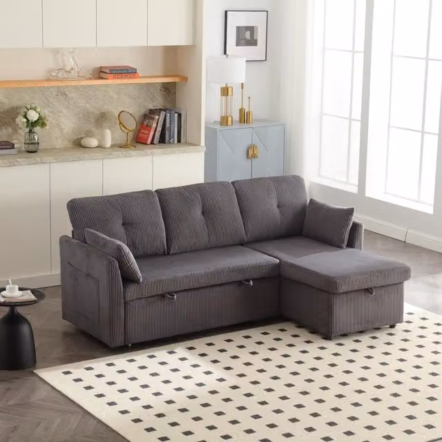 GOMYWAY L-Shaped Sectional Sleeper Sofa with Storage Chaise and Corduroy Upholstery, Charcoal Grey, W: 206 cm, D: 130 cm, H: 88 cm