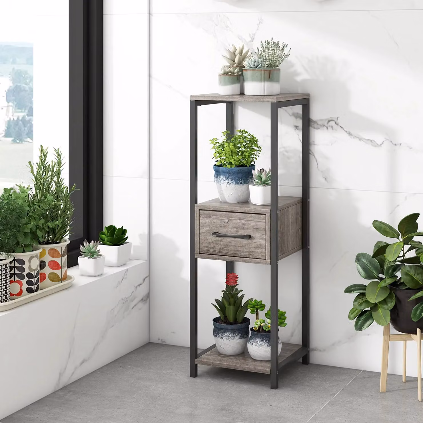 Costway 3 Tier Tall Metal Plant Stand with Drawer in Grey – 4