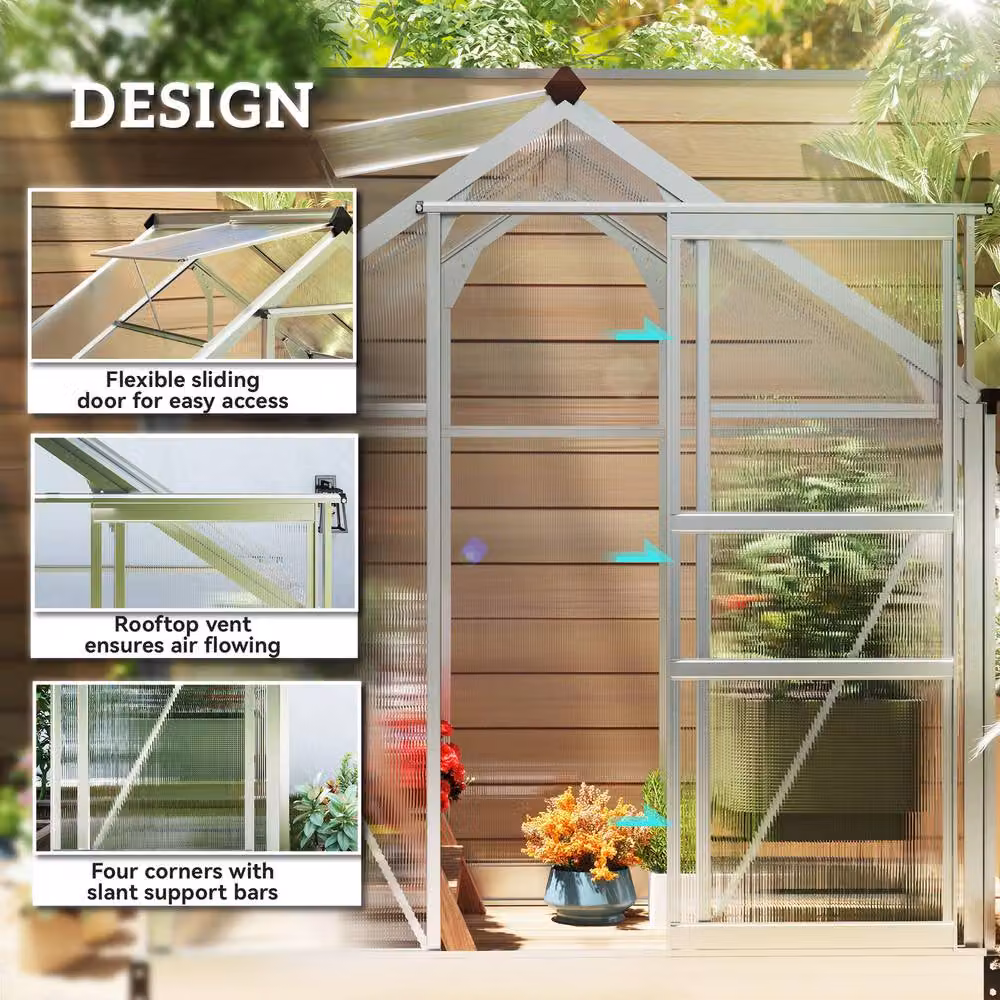 OUTSUNNY Silver Polycarbonate and Galvanised Aluminium Walk-In Greenhouse with Sliding Doors, W: 182.88 cm, D: 132.0 cm, H: 201.0 cm – 3
