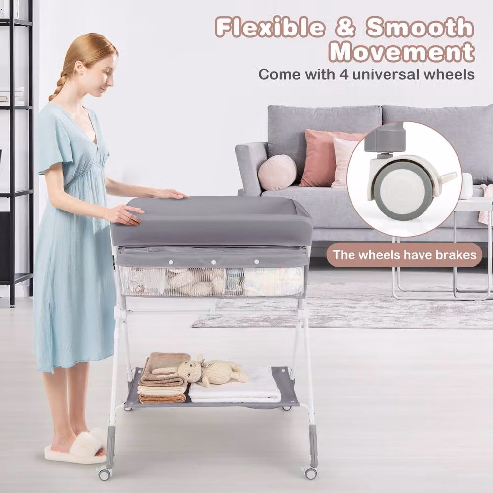 Gymax Folding Rolling Diaper Changing Station with Trash Can in Grey – 2