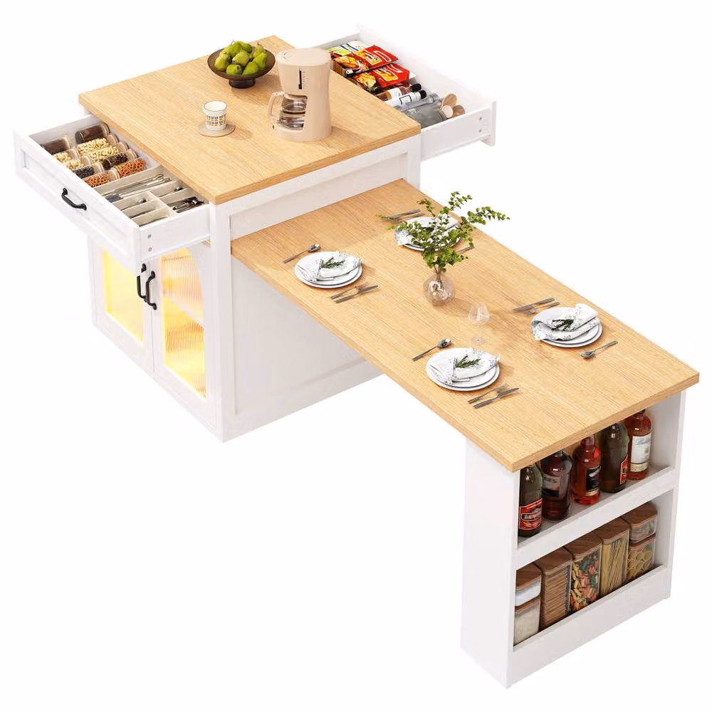 Merax Kitchen Island with LED, Drawers and Extendable Dining Table in White – 4