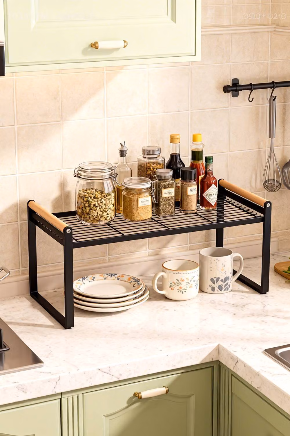 ExtraStar 2-Tier Black Iron Spice Rack with Wooden Handles – 2