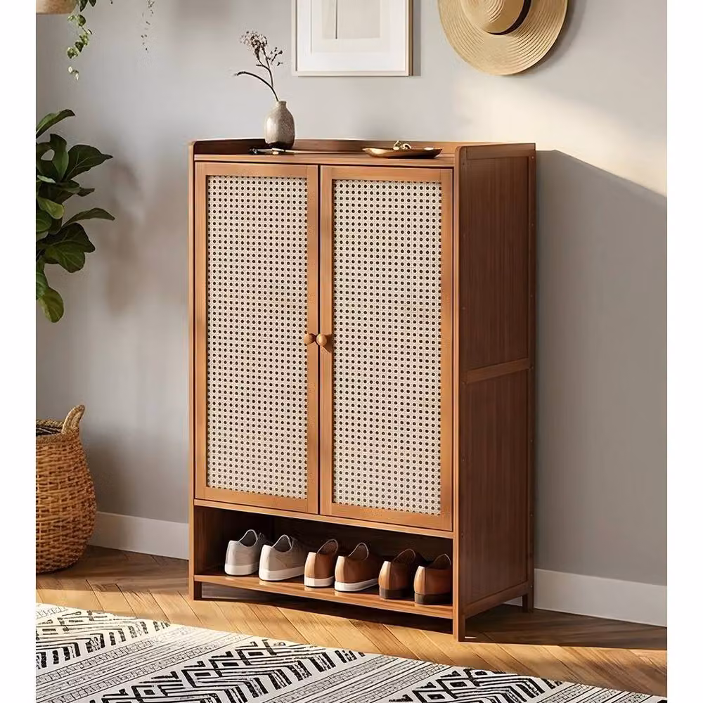 KORVIXA Bamboo 2-Door Narrow Shoe Cabinet in Brown with Rattan Details for Hallway Storage – 3