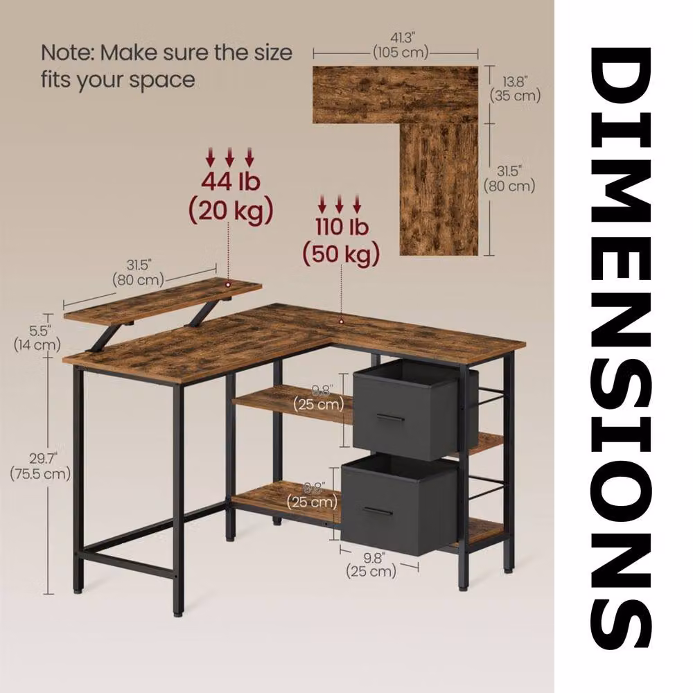 Pirlo Plush Industrial Rustic L-Shaped Corner Computer Desk with Drawers, Brown – 5