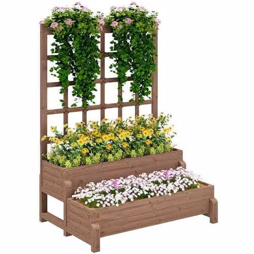 Outsunny 2-Tier Wooden Raised Garden Bed with Trellis, Brown, W/D/H: 121 x 88 x 66 cm – 1