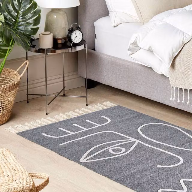 Wyld and Coco Grey Handwoven Boho Rectangular Rug with Fringes, W/D: 80 x 150 cm