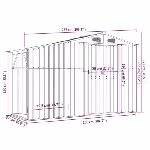 vidaXL Galvanised Steel Gable Garden Shed in Anthracite, W: 277 cm, D: 93 cm, H: 179 cm – 3