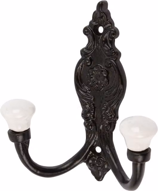 Hammer and Tongs Ornate Double Wall Hook in Black and White Ceramic and Iron, W: 10.0 cm, H: 10.0 cm