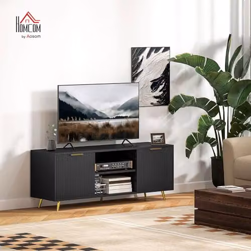 HOMCOM Modern Black Fluted TV Stand for TVs up to 55 Inch with Geometric Storage Cabinets W/D/H: 120 x 40 x 48 cm – 2