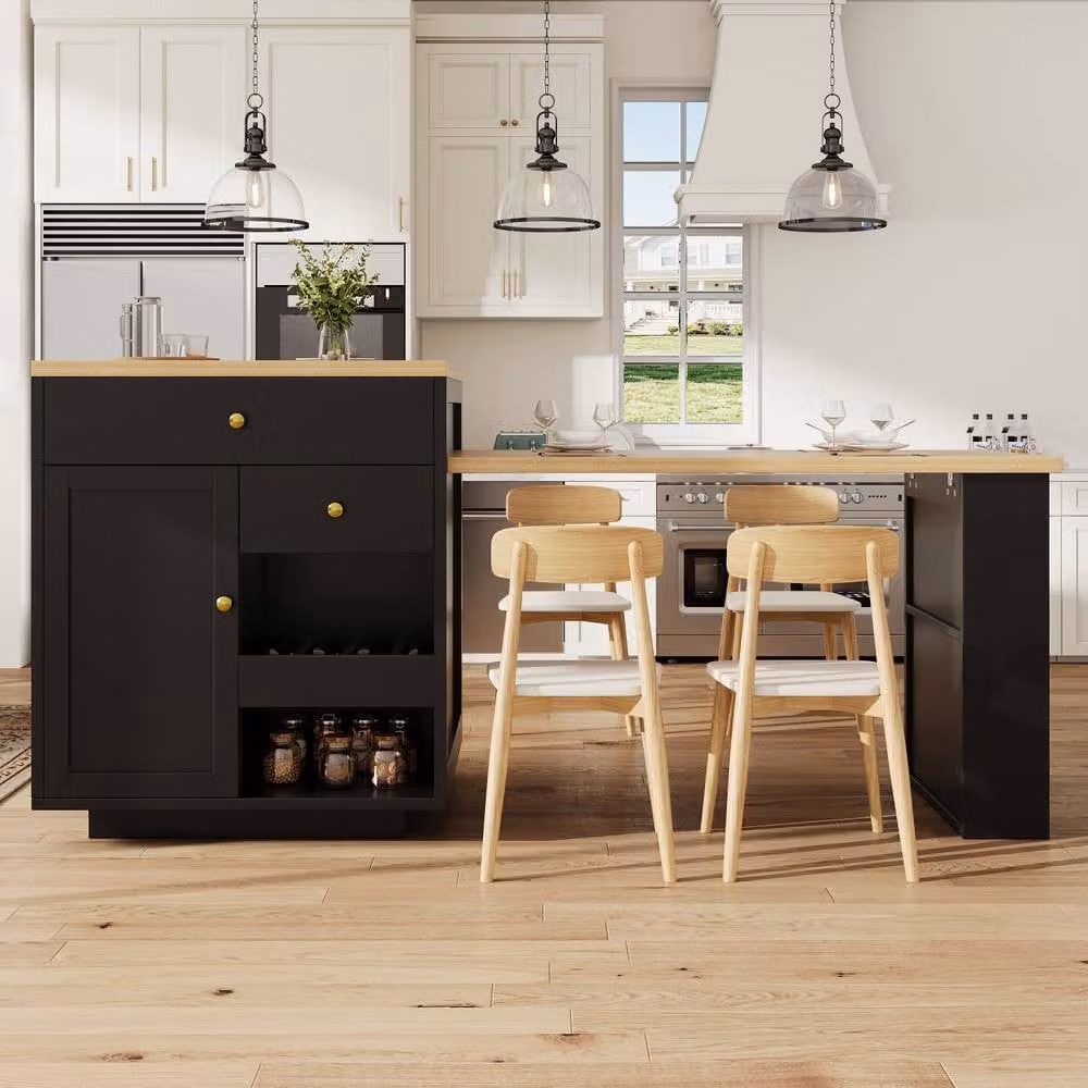 Rolipo Black Extendable Modern Kitchen Island with Storage and Wine Rack – 4