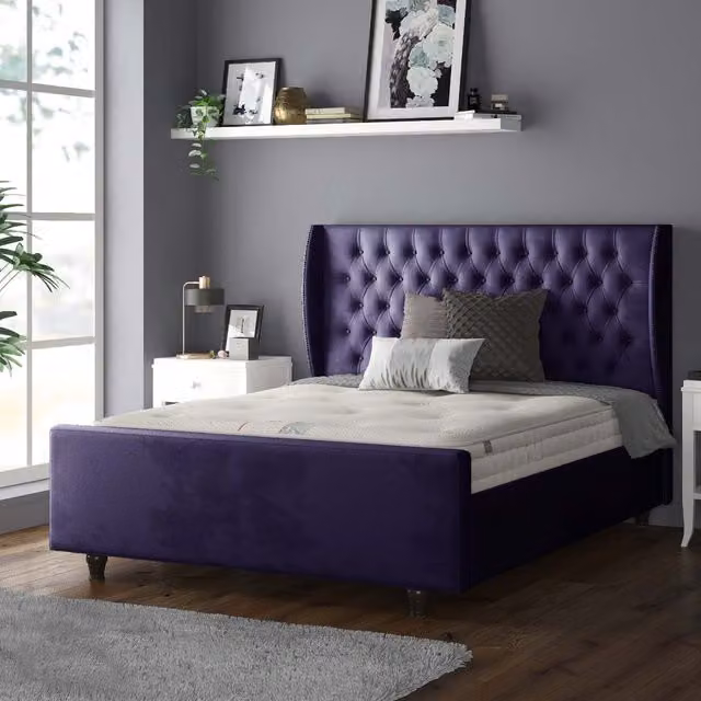 IH Design Chesterfield Upholstered Velvet Bed Frame in Purple, W: 180 cm, D: 200 cm