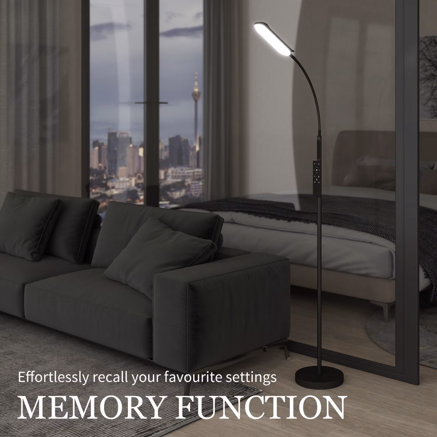 HOMCOM LED Floor Lamp in Black with Remote and Touch Control, Dimmable Stepless Brightness and Colour Temperature, 360° Adjustable Gooseneck and Timer, H 175 x W 21.5 x D 21.5 cm – 3
