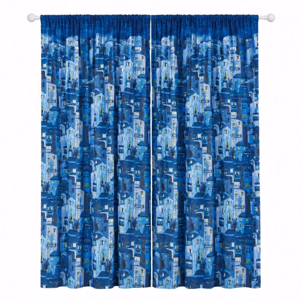 Smart Living Rural Italy Mediterranean Village Print Curtains Pair with Tie Backs in Teal, Width: 167 cm, Drop: 183 cm – 2