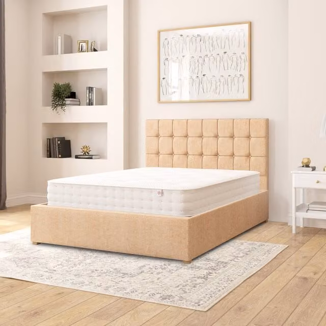 Aspire Sinatra Fabric Ottoman Storage Bed in Firenze Velour, Champagne, W/D/H: 140 x 200 cm