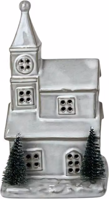 Four Candle Glazed Ceramic LED Christmas Church Tabletop Ornament in White