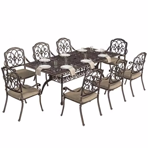 Outsunny 9 Piece Cast Aluminium Garden Dining Set, 8 Seater, Bronze Tone, W/D/H: 106 x 72 x 82 cm