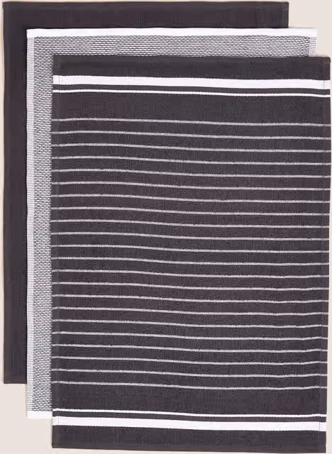 M&S Set of 3 Highly Absorbent Cotton Striped Tea Towels in Grey